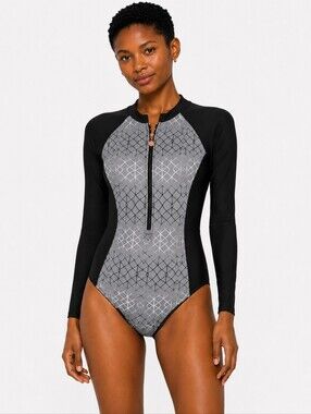 AS ROSE RICH Long-Sleeve Black & Gray Front-Zip Rash Guard Swimsuit SIZE MED NWT